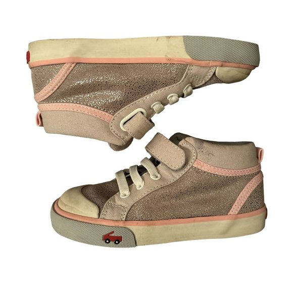 See Kai Run Girls Silver Sparkle and Pink Mid Top Velcro Sneakers Size 11 - Picture 2 of 8